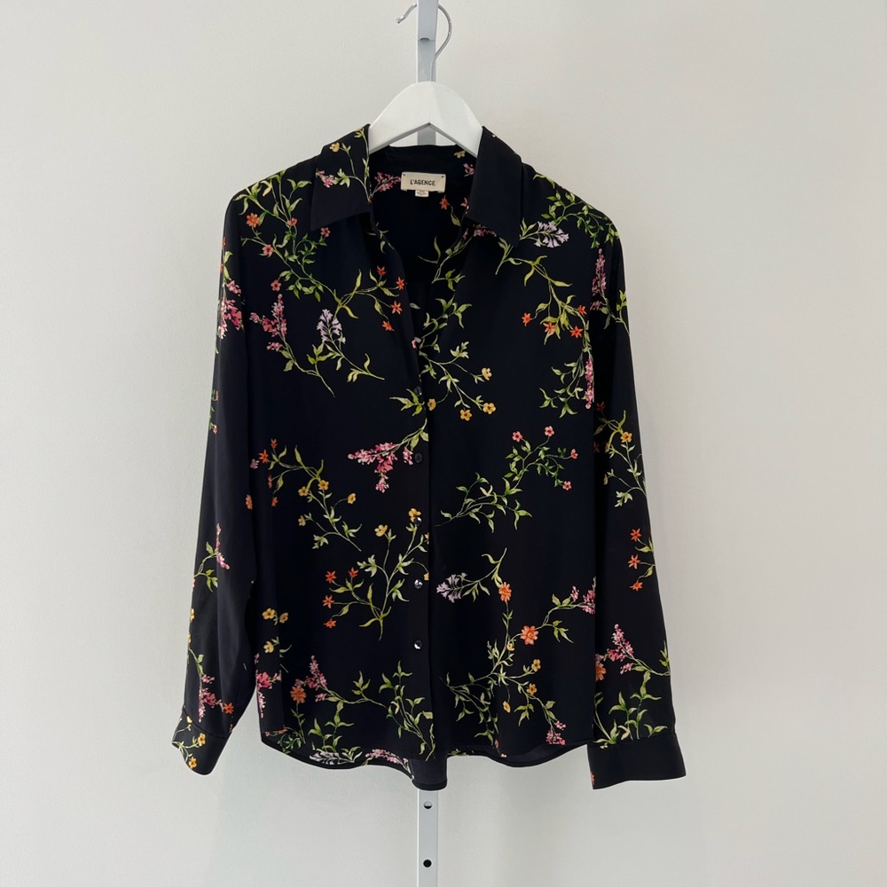 L’AGENCE BLACK FLORAL SILK SHIRT SIZE MEDIUM NWOTS! - Picture 3 of 12